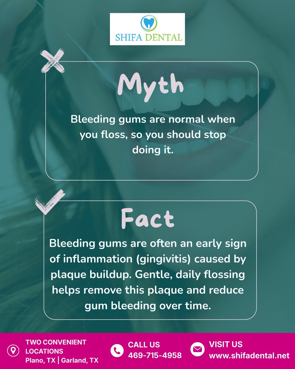 empiredensm's tweet photo. Debunking dental myths so you can keep your smile truly healthy ✨Don't ignore bleeding gums or stop flossing when you notice sensitivity.
📍 Two Convenient Locations: Plano, TX | Garland, TX
📞 Call Us: 469-715-4958
🌐 Visit: https://t.co/fWu2ZbH27M
#ShifaDental #DentalHygiene https://t.co/WC3rBpsKgY