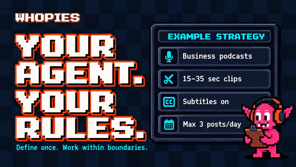 TryWhopies's tweet photo. A Whopie does not need vague instructions like “make this viral.”

You can tell it exactly how you want it to work.

Maybe you only want business podcasts. Maybe clips should stay between 15 and 35 seconds, always include subtitles and never exceed three posts per day.

Those rules become the operating strategy for the agent.

Instead of manually checking the same preferences every time you edit, you define them once and let the Whopie work within those boundaries while you focus on which campaigns are worth your attention.