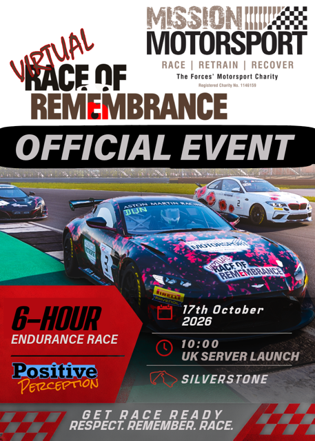 Missionmotorspt's tweet photo. On 10 October, Positive Perception will be taking to the virtual track for the six-hour Virtual Race of Remembrance, raising money for Mission Motorsport along the way. https://t.co/92PZP0uNvM