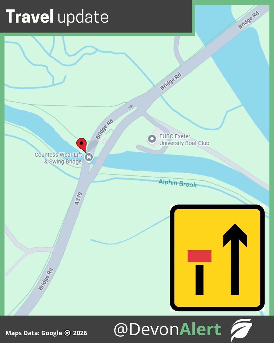 DevonAlert's tweet photo. 29/09/2026 - 11.20am
There will be a short term single lane closure on the A379 Bridge Road, Exeter tomorrow from 6.00am until approximately 3.30pm. 
This will be on Lane 1 of the inbound stretch at the Bascule Bridge and is required for inspections to be carried out. NG #Devon https://t.co/t35QH0o7Kc