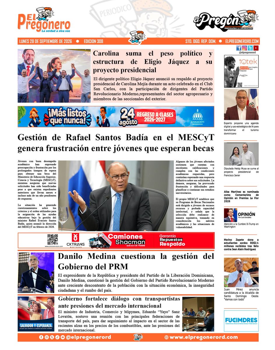 ElPregoneroRD's tweet photo. Esta es la portada de El Pregón y El Pregonero de este lunes 28 de septiembre de 2026.
https://t.co/cZhFm4I7ho
#ElPregoneroRD
#ElPregon
#portada
#portadadeldía https://t.co/anKPntkQHC