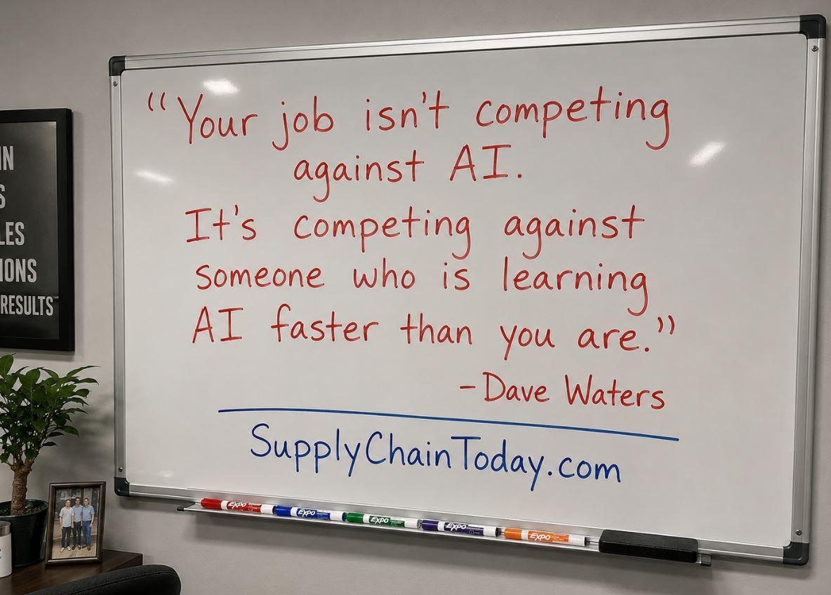 SupplyChainBlog's tweet photo. "Your job isn't competing against AI.  It's competing against someone who is learning AI faster than you are." ~Dave Waters
 #AIInnovation #TechLearning #FutureOfWork #AICompetence #AILeadership https://t.co/nu5wYvt9It