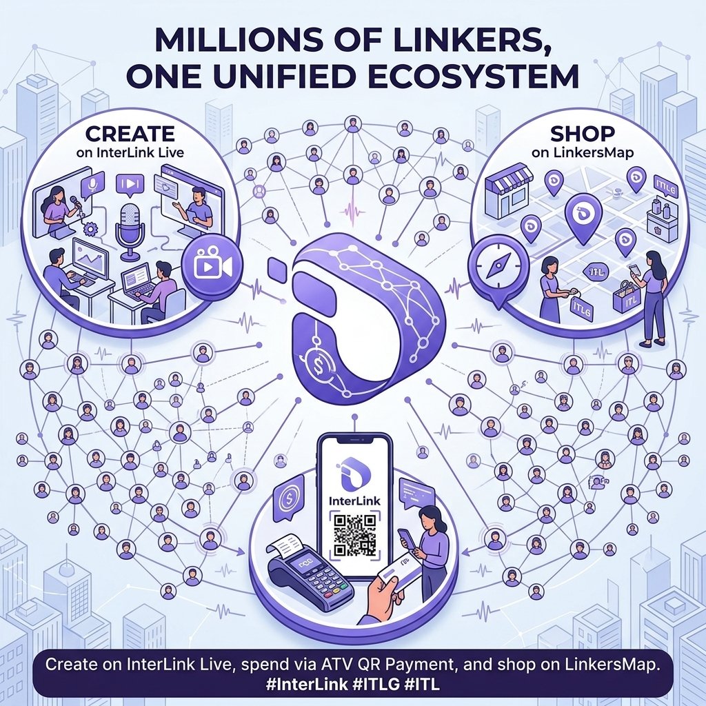 Kedir1288's tweet photo. Millions of Linkers, one unified ecosystem. Create on InterLink Live, spend via ATV QR Payment, and shop on LinkersMap. #InterLink #ITLG #ITL https://t.co/W7aaSQ40ns