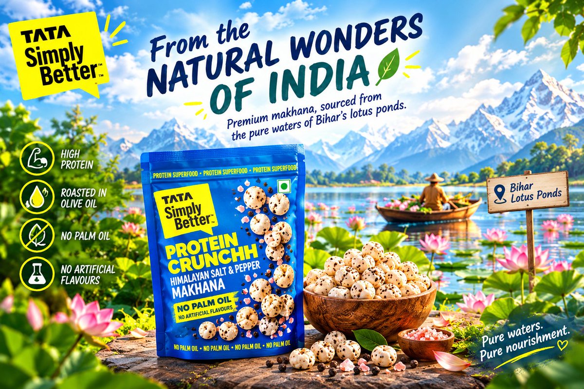AarushAiCreator's tweet photo. From Bihar’s lotus ponds to modern Indian homes, TATA Simply Better transforms traditional makhana into convenient, premium snacking—bringing nutrition, taste, trust and sustainable growth together for tomorrow @phimaanshu @CSEPlanB @CseWhy @IndiaFutureAI @TATASimplyBeter https://t.co/D7NxyznuqE