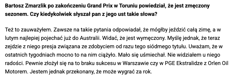 dy4beu_pl's tweet photo. Naprawdę, chcąc pomóc Zmarzlikowi niektórzy się ośmieszają. Po trenerze Cieślaku i jego pełnym żółci wywiadzie, teraz Krzysztof Cegielski o zmęczeniu i braku uśmiechu Bartosza. Przynajmniej nie twierdzi, że sobotnia klęska narodowa jest skutkiem działania toruńskiego klubu. https://t.co/RX1tbHwUJ9