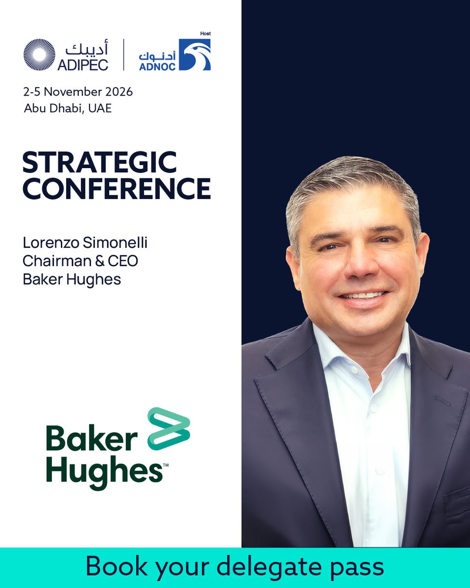 ADIPECOfficial's tweet photo. Lorenzo Simonelli, Chairman and CEO at Baker Hughes, is among the global energy leaders participating in the ADIPEC 2026 Strategic Conference.

As technology, industrial capability and market requirements continue to converge, ADIPEC will bring together voices from across the energy system to examine how innovation, collaboration and operational resilience can support long-term performance and global progress.

Join 1,800+ speakers and 16,500+ delegates at ADIPEC in Abu Dhabi from 2-5 November 2026. Register as a delegate: https://t.co/CxOakqmGD8 

#ADIPEC #ADNOC #Innovation #EnergyLeadership #EnergyCollaboration #GlobalEnergy