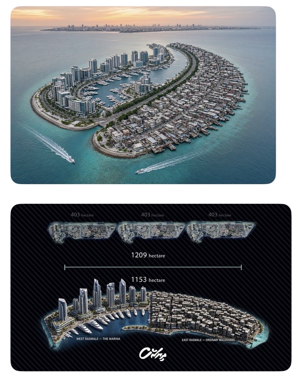 HKurusee's tweet photo. If Eagle Hills is not stopped, they’ll turn Rasmale into the 2nd Jerusalem. There will be East Rasmale for ordinary Maldivians, then there will be West Rasmale for the rich. Foreigners will say “the Marina” and “our side”. This will be the first fact of daily life. It’ll be a two tiered city, a two tiered society.

By 2055 the first Rasmale born cohort is applying to universities. Some will have never spent a school year in a Dhivehi medium classroom. They will write “home - Maldives” on forms and mean the marina.

Maldivians will work the hotels, the marina services, retail, security, cleaning, some mid management. A smaller number sit in offices that look international. The highest apartments, the yacht berths, the school board, the hospital consulting rooms, those stay mostly foreign or foreign born, or foreign paid.

The two tier is not only nationality. A receptionist from Maldivian blocks checks in a resident who has lived there twenty years, whose children were born there in the marina, who complains about “the locals” blocking a road at prayer time. On Fridays, one part of the island empties toward the mosque in a way the waterfront treats as traffic. The other part treats Friday as brunch. Religion is the quiet fracture. Maldives is still a Muslim country. The waterfront learns the rules well enough to stay. Some residents convert on paper or in practice, most do not. They keep alcohol on boats. They keep Christmas trees indoors.

Every year the same argument returns in residents’ WhatsApp groups saying “we live here, we pay here, the rules should bend”.

Maldivians hear that as the beginning of the claim. A couple who bought in 2040 had a child in 2041. That child is 29 in 2070. He has an apartment. He has a school history, a doctor, friends, a football pitch, a first job, perhaps a partner who also grew up on the marina. He has never had another country as a daily reality.
He does not say “I am a guest”. He says “I grew up here”.

By the late 2070s the residents’ associations no longer talk only about bins and marina fees. They talk about schooling rights, hospital queues, the right to stay after a visa category changes, the right to pass the apartment to a child without a ministry file, the right to vote in local council matters that decide the street they walk. Muthalib and Muizzu are no longer around to justify it. They’re either in wheelchairs or dead.

Gov lines from 2026 are still on the website, no freehold, no automatic visa, no pathway from property to citizenship. 

But daily life has moved ahead of the website. Again, like I said, Muthalib and Muizzu are not around. Some children of residents marry Maldivians. Those families become the hardest cases, cause the state then has to explain why one parent is the country and the other is a file. Some do not marry Maldivians and still want the same stability. Those families become the loudest cases. 

Maldives was built as a small, Muslim, island nation with tourism as a guest system with foreigners on resort islands, Maldivians at home, a ferry/speedboat/sea plane between the two lives.

Rasmale’ collapses that distance. The guest lives next door, raises children next door, dies next door and the child keeps the keys.

So the fight, by 2060, the fight is:

🔹who this city is for
🔹whether a life spent here creates a right
🔹whether saying no to citizenship is sovereignty or a permanent underclass of people who are not leaving
🔹whether saying yes dissolves the idea of a Maldivian people on Maldivian land

Daily life sits under that fight. You feel it in the school gate, the hospital queue, the tone at the security desk, the way two teenagers look at each other on the same promenade and already know they are not in the same story.

When someone is born, live their whole life there and not know any other country, the rules Muthalib and Muizzu write in 2026 will no longer matter. A permanent settlement is already established and they’ll have a claim to the land.
