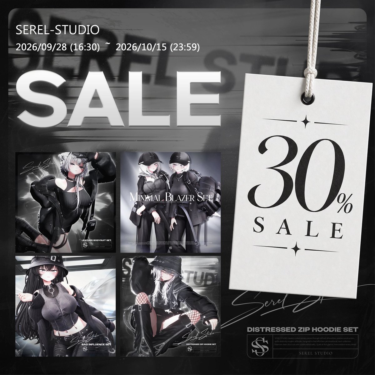 serelstudio's tweet photo. 🎁SEREL STUDIO 秋のSpecial SALE🍂 & RPキャンペーン🎁

黒がいちばん似合う季節になりました。
この秋を過ごす一着を、探してみませんか？🍂🖤

いつもSEREL STUDIOをご愛顧いただく皆さまへ感謝を込めて、
本日より全商品を対象とした
【秋を迎えるSpecial SALE🍂】を開催いたします🎉

さらに今回は、RPキャンペーンも同時開催✨

🎉 参加方法
SEREL STUDIOをフォローして、このポストをリポスト

🎉 プレゼント内容
抽選で【5名様】に、SEREL STUDIOのラインナップから
「お好きな衣装のフルセット（1点）」をプレゼント！🎁

🎉 当選発表
9月30日(水)予定

🍂 秋を迎える全商品 Special SALE 🍂
2026/09/28 (16:30) ～ 2026/10/15 (23:59)
✨ 期間中、全商品 30%OFF ✨

レザーのボディスーツから、
ダメージジップフーディ、ミニマルなブレザーまで。
黒一色で組み立てる、SEREL STUDIOらしいストリートが揃っています。

この秋をともに過ごしたい一着を、
ぜひこの機会に見つけてください🖤

ショップはこちら👇
🔗 https://t.co/NhlCQk8ifL
-