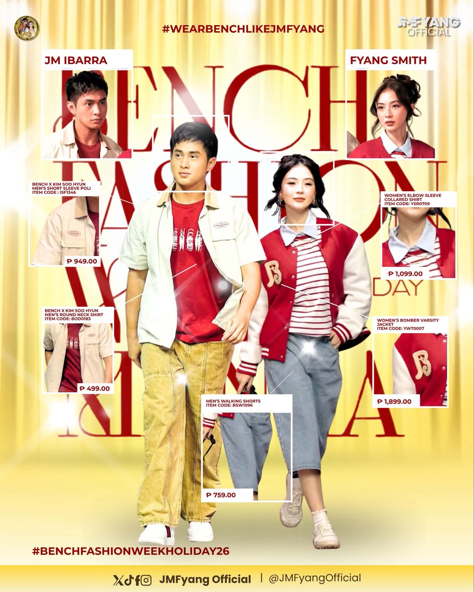 JMFyangOfficial's tweet photo. A little fashion inspo from our favorite endorsers. 💛

JM and Fyang stepped out in effortlessly chic BENCH looks at yesterday’s #BENCHFashionWeekHoliday26— and every piece deserves a spot in your wardrobe. 🛍️

Swipe through to discover their OOTDs, complete with 𝗱𝗲𝘁𝗮𝗶𝗹𝘀, 𝗶𝘁𝗲𝗺 𝗰𝗼𝗱𝗲𝘀, and 𝗽𝗿𝗶𝗰𝗲𝘀. Find your favorite pieces, add them to your cart, and make their look yours!

🔗 https://t.co/bb61HrUZTp

Wear the look, own the moment, and #WearBENCHlikeJMFyang ✨