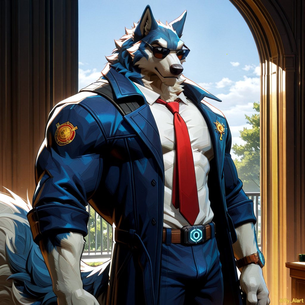 fly_AIart's tweet photo. The academy's werewolf instructor is on duty... Better make sure your homework is done, or you'll be punished. 🕶️🐺✨
#AI #AIart #furry #furryart https://t.co/0HgaHqDskQ