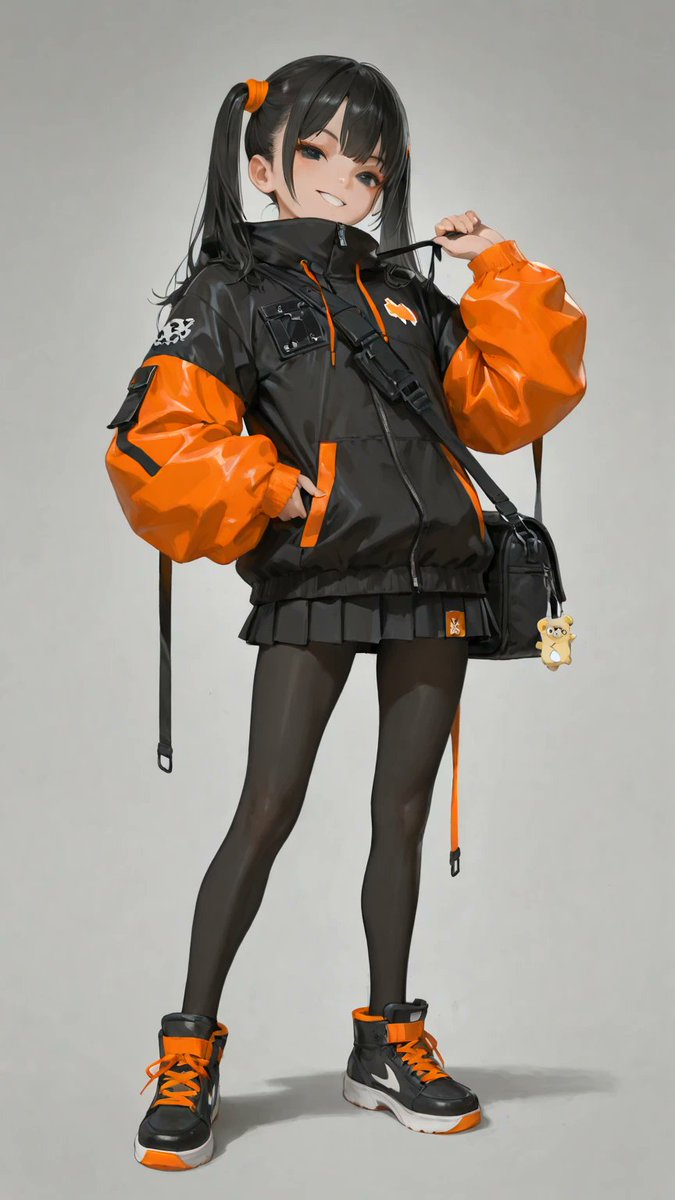 AliceLavli's tweet photo. スポーツミックス系ストリートコーデの衣装プロンプトをどうぞ✨
masterpiece, best quality, highly detailed outfit, oversized vivid orange and black streetwear jacket, bright orange sleeves and front panels with black high collar, black center zipper and dark charcoal panels, scattered small graphic patches and badges, black fuzzy animal shaped appliques across the shoulders and chest, gray bear shaped chest patch, black pleated mini dress with layered hem beneath the jacket, crossed light gray utility straps, black rectangular shoulder messenger bag with flap, multiple buckles and orange accents, small white charm with a yellow bear silhouette at the hem, chunky high top sneakers in black, charcoal gray and muted teal with small orange and lime accents, precise garment construction, fixed color palette and silhouette, outfit focus