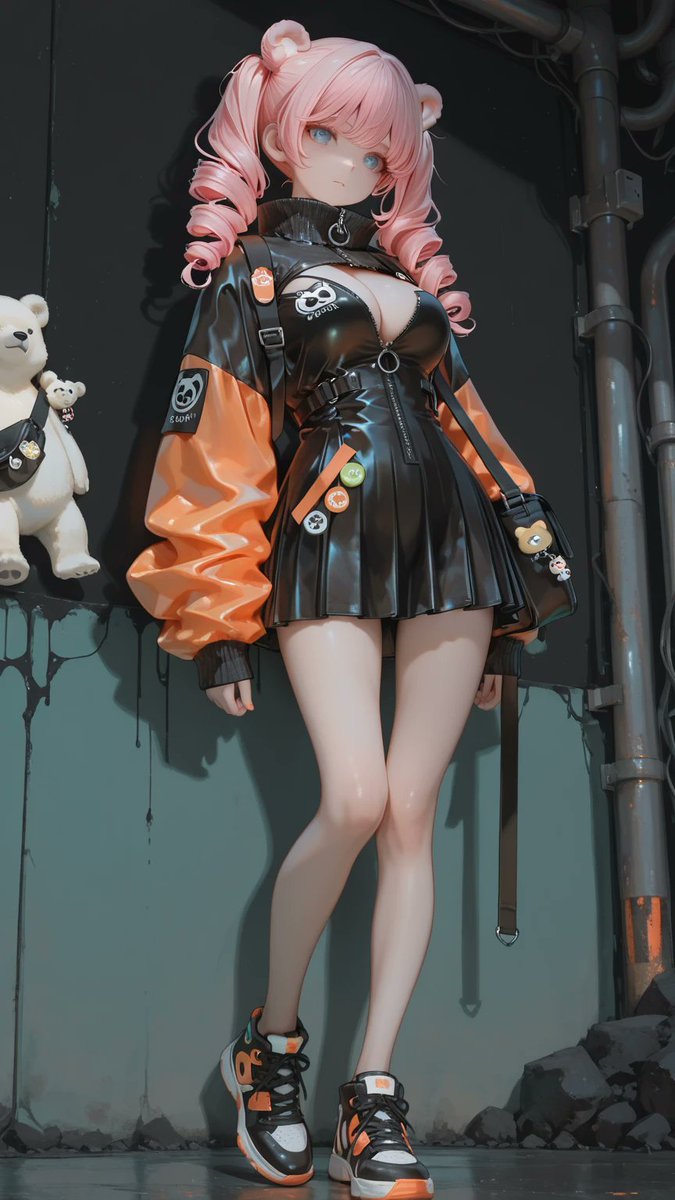 AliceLavli's tweet photo. スポーツミックス系ストリートコーデの衣装プロンプトをどうぞ✨
masterpiece, best quality, highly detailed outfit, oversized vivid orange and black streetwear jacket, bright orange sleeves and front panels with black high collar, black center zipper and dark charcoal panels, scattered small graphic patches and badges, black fuzzy animal shaped appliques across the shoulders and chest, gray bear shaped chest patch, black pleated mini dress with layered hem beneath the jacket, crossed light gray utility straps, black rectangular shoulder messenger bag with flap, multiple buckles and orange accents, small white charm with a yellow bear silhouette at the hem, chunky high top sneakers in black, charcoal gray and muted teal with small orange and lime accents, precise garment construction, fixed color palette and silhouette, outfit focus