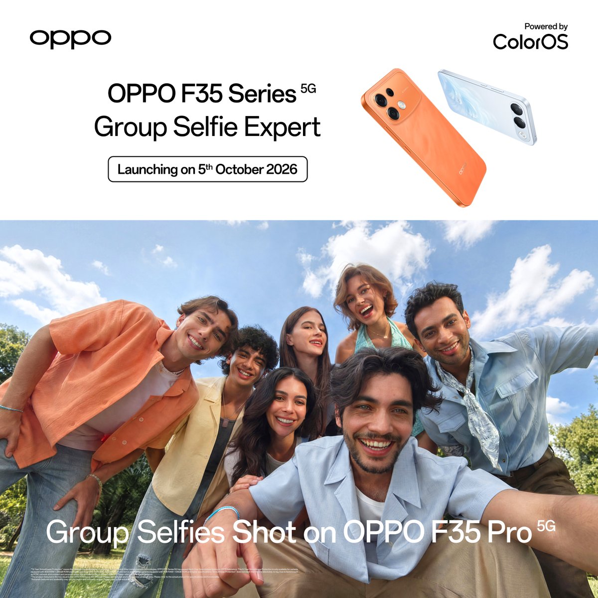 OPPOIndia's tweet photo. The frame is about to get bigger with the new OPPO F35 Series , your Group Selfie Expert. Launching on 5th October 2026, stay tuned!
Know more & grab the OPPO F35 Series Privilege Pack for just ₹9 - https://t.co/tk0GxXo1eu
#OPPOF35Series #GroupSelfieExpert #10YearsofFSeries https://t.co/UdCajUEHGM