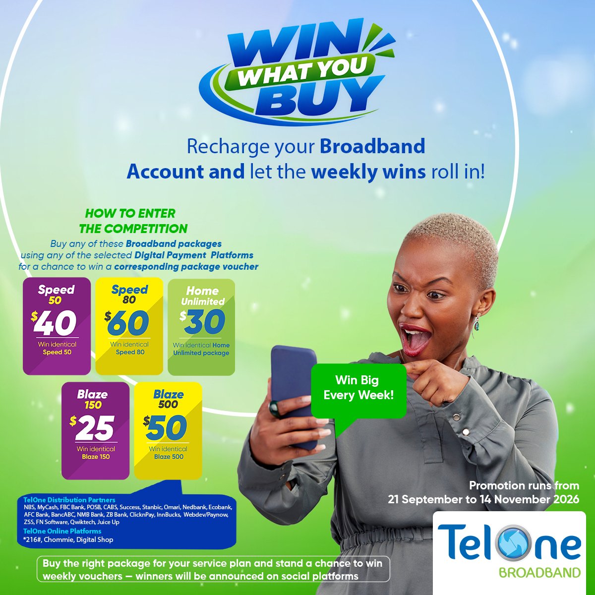TelOneZW's tweet photo. Recharge your TelOne Broadband package and turn your everyday recharge into a winning opportunity.

#WinWhatYouBuy #TelOne #TelOneBroadband https://t.co/vtnt2XxO7y