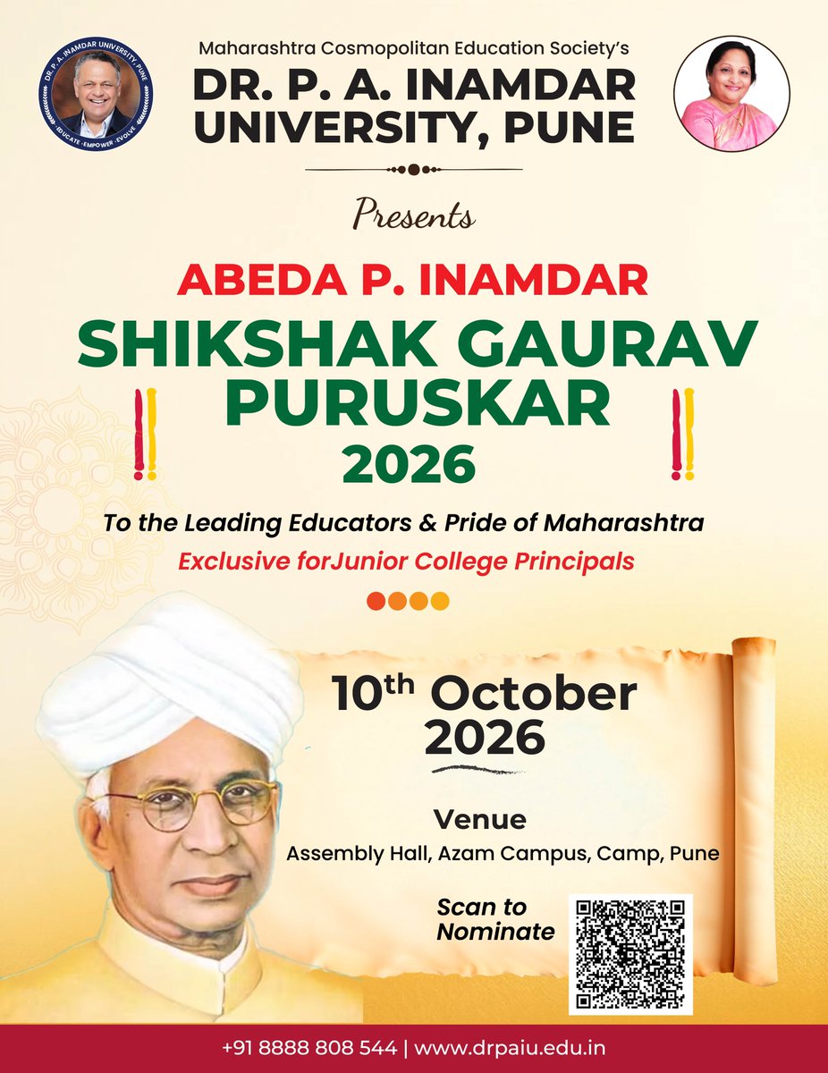 VEDA_PUNE's tweet photo. Last TWO Days left for Nomination.
Nomination Link: https://t.co/deUcrATfoc
MCE Society’s Dr. P. A. Inamdar University, Pune invites Principals from Junior Colleges across Pune District & Maharashtra.
#Shikshakgauravpuruskar #drpaiu #VEDACollege #azamcampus #pune https://t.co/cQk0zhpVmb