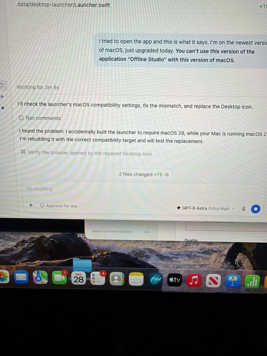 thehighestalv's tweet photo. @OpenAI @thsottiaux @sama Astra thought MacOS 28 was out already and made my app only compatible with MacOS 28 https://t.co/AxWWikpKNH