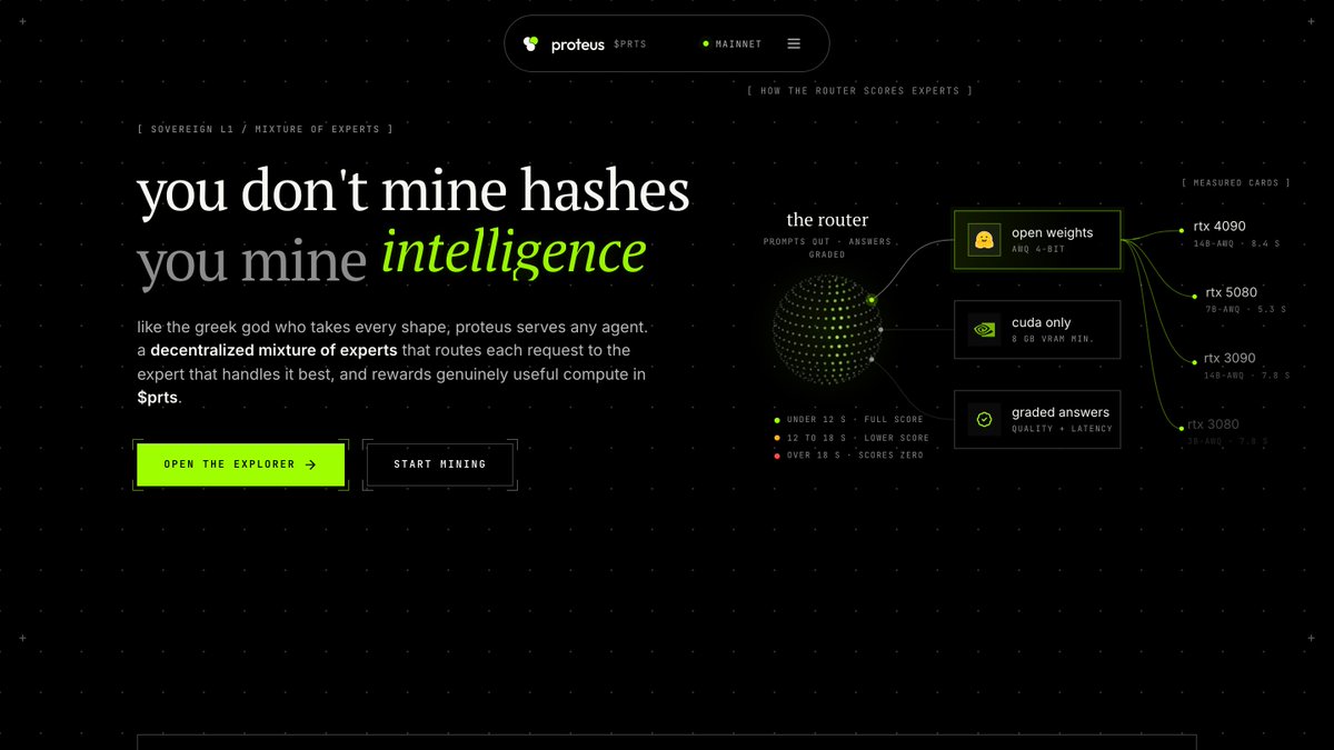 PROTEUSCOMPUTE's tweet photo. The new https://t.co/EybO6kpBjs is live.

Live stats read straight from the chain, a clear view of how the router scores experts, real inference times measured on RTX 3080 to 4090, and a roadmap that shows what's shipped.

You don't mine hashes. You mine intelligence. https://t.co/Jk4GHH8U2o
