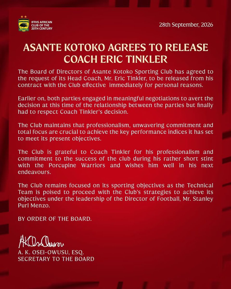 Akwasi_Ayala's tweet photo. @AsanteKotoko_SC head coach Eric Tinkler RESIGNS from his role with immediate effect 

I did not see this coming 🤔 

#SportsCenter #ObaapaRadio #ObaapaTv https://t.co/8pcnNi0435