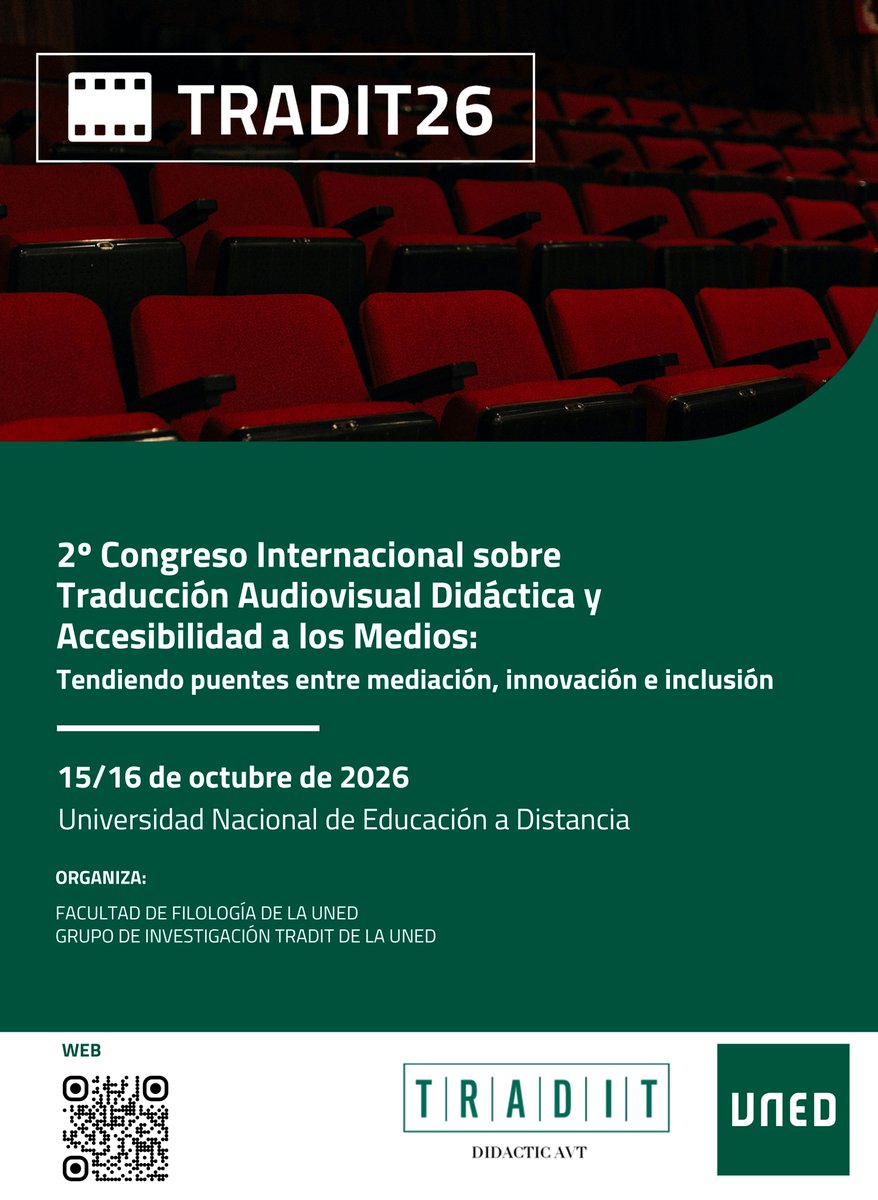 uned_filologia's tweet photo. 📢Ya está disponible el programa de TRADIT26, 2nd International Conference on Didactic Audiovisual Translation and Media Accessibility: https://t.co/QMeoIauatE

🗓️15, 16 OCT | 📍Facultad de Psicología, UNED

@uned_filologia @tradilex @Tradit_UNED @DepExtranjeras @eiduned https://t.co/V9dHJzxkox