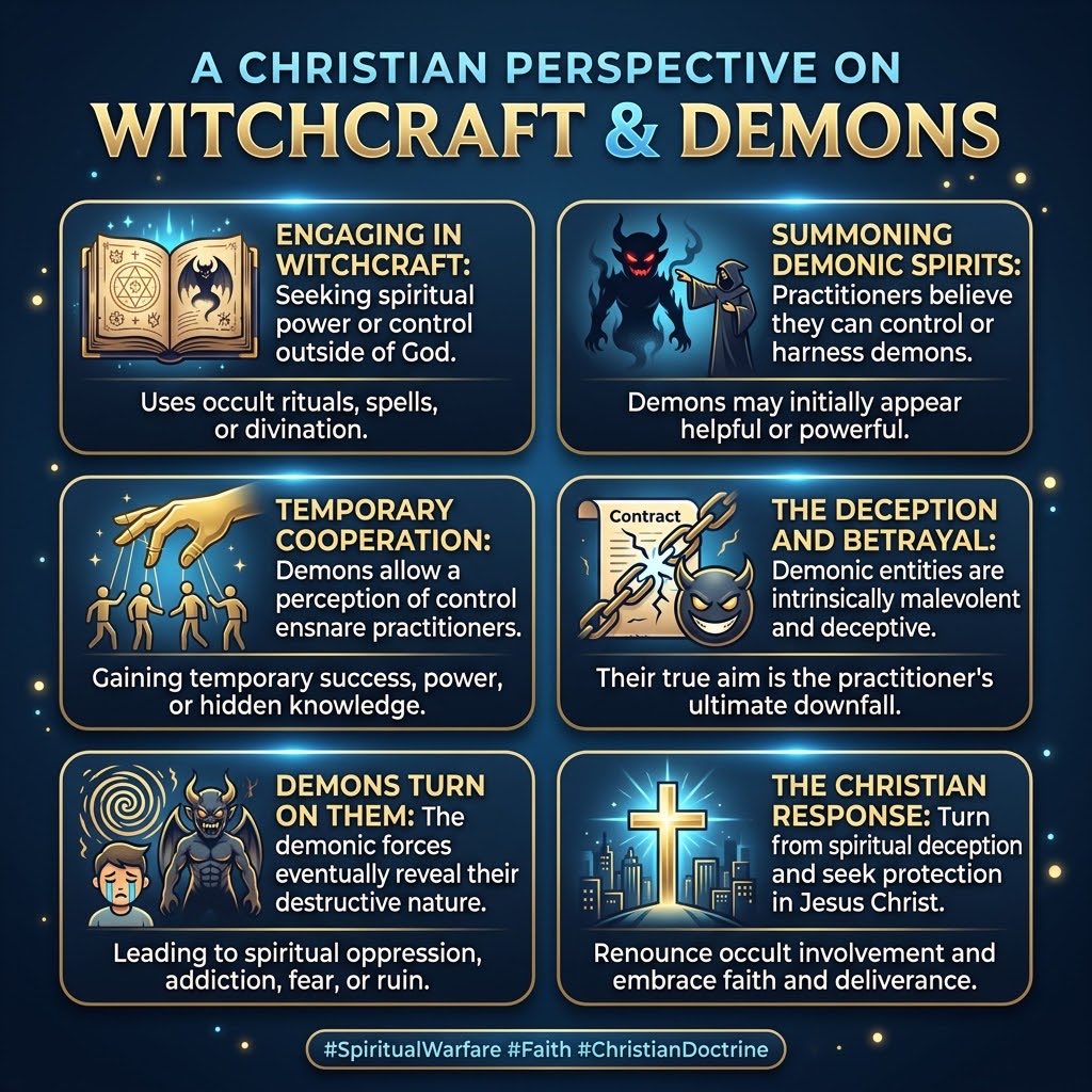 swordotx's tweet photo. From a biblical worldview, the idea that a human being can "control" or "master" a demonic entity through rituals, spells, or pacts is considered a dangerous illusion. Demons do not serve human masters; they cooperate only so long as it serves their own ultimate objective: the destruction of the human soul.

The Deception of Control

In occult practices, magic and witchcraft are often framed as neutral mechanics or toolsâ€”methods of tapping into hidden energies, nature spirits, or spiritual guides to affect the material world. However, historic and evangelical Christian theology views spiritual power through a binary framework: it either originates from God (via the Holy Spirit) or from the spiritual forces opposing God (Satan and fallen angels).

When a practitioner engages in spiritual acts outside of alignment with God, Christian doctrine holds that they are interacting with demonic spirits, even if those spirits present themselves as benevolent ancestors, nature deities, or ambient energy.

The core strategy of these entities is deception. To hook a practitioner, a demonic spirit will initially play along. They may answer a spell, provide accurate intuitive insights (divination), offer a sense of personal empowerment, or grant material favors. This creates the illusion that the practitioner is the boss, commanding spiritual forces at will.

Why the Turn Is Inevitable

In Christian demonology, Satan and his demons possess a singular nature: pure malevolence, total hatred for humanity (who are made in the image of God), and a desire to kill, steal, and destroy (John 10:10). They do not possess loyalty, love, or the capacity to maintain a fair transaction.

The initial agreement between a practitioner and a demonic entity is compared to a fisherman laying bait. The goal of the entity is never to help the human achieve their goals, but to entangle the human in spiritual bondage, isolate them from God, and ultimately destroy their life.

The "turn" typically happens in stages:

The Hook: The practitioner receives initial resultsâ€”increased power, heightened intuition, or fulfilled desires.

The Escalation: The entity begins demanding more more attention, heavier rituals, or deeper boundary-crossing to maintain the same level of result.

The Entrapment: Fear, anxiety, oppression, or chaotic life events begin to creep in. The practitioner finds they cannot easily walk away without experiencing spiritual retaliation.

The Open Malice: Once the entity has stripped away the person's spiritual coverings or led them into deep despair, the mask drops. The source of power reveals itself as a tormentor, leading to psychological breakdown, oppression, or spiritual ruin.

The Theological Reality: No Free Lunch in the Spirit Realm

Scripture warns repeatedly against sorcery, divination, and mediumship not because God is trying to hoard magic, but because He recognizes the trap. Demons do not give gifts; they make predatory loans with exorbitant interest rates.

A practitioner may believe they are wielding the leash, but in Christian theology, the demon is simply waiting for the right moment to bite the hand holding it. True authority, safety, and power in the spiritual realm, according to the Christian faith, belong exclusively to God, and real freedom is found only in surrender to Jesus Christ, who holds ultimate authority over every demonic power.