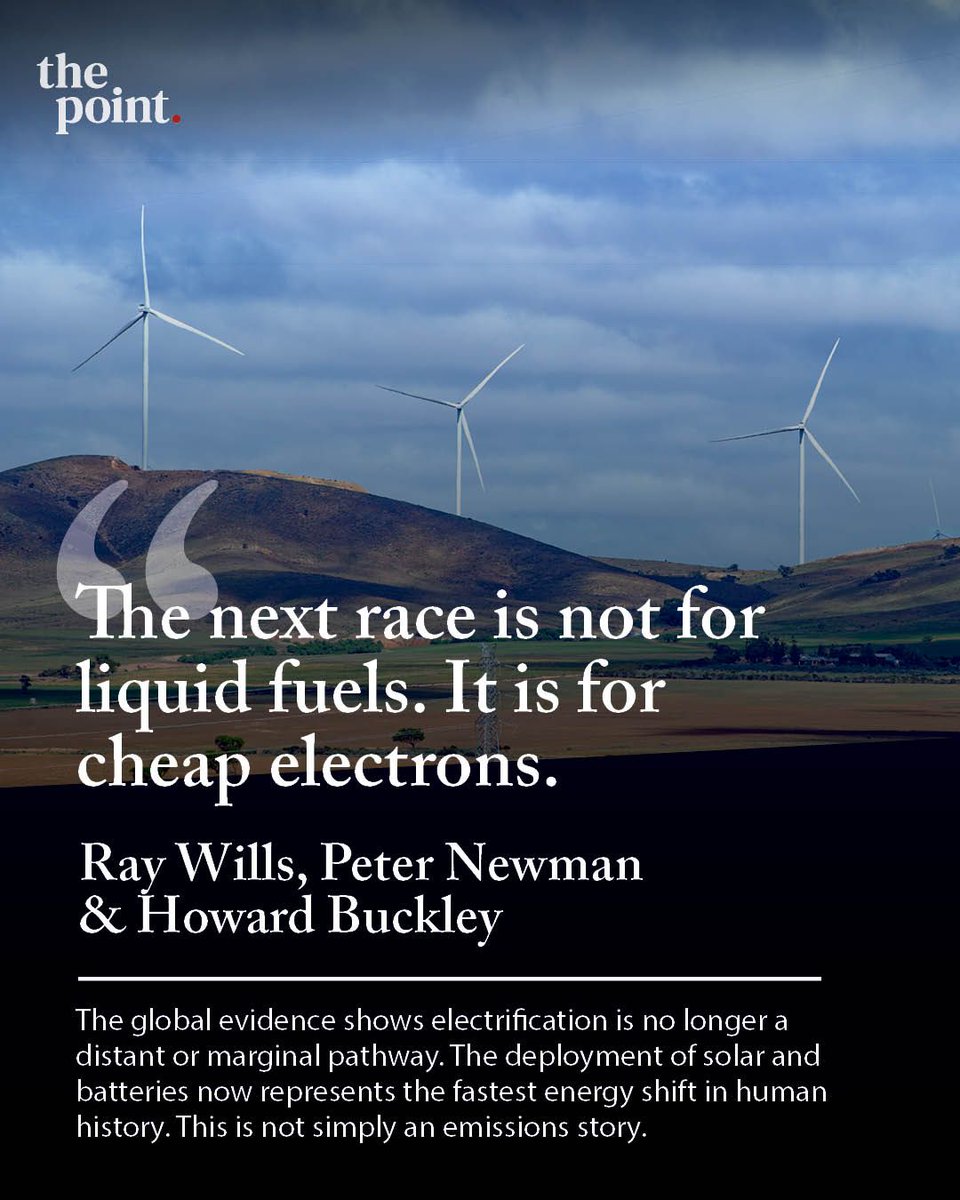 ProfRayWills's tweet photo. The next race is not for liquid fuels
It is for cheap electrons

Global evidence shows electrification is no longer a distant or marginal pathway

The deployment of solar and batteries now represents the fastest energy shift in human history

https://t.co/DUqC3LWVsv https://t.co/yquRLxeCaW