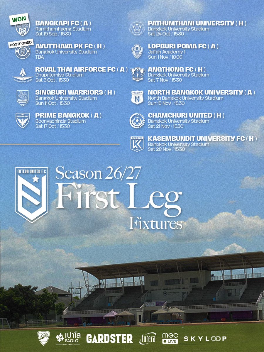 futeraunited's tweet photo. 📅 Futera United Match Fixtures

BYD DOLPHIN LEAGUE 3
Season 2026/27 - First Leg

#FuteraUnited #FuteraSuSu #ThaiLeague #ไทยลีก https://t.co/apWianaFhr