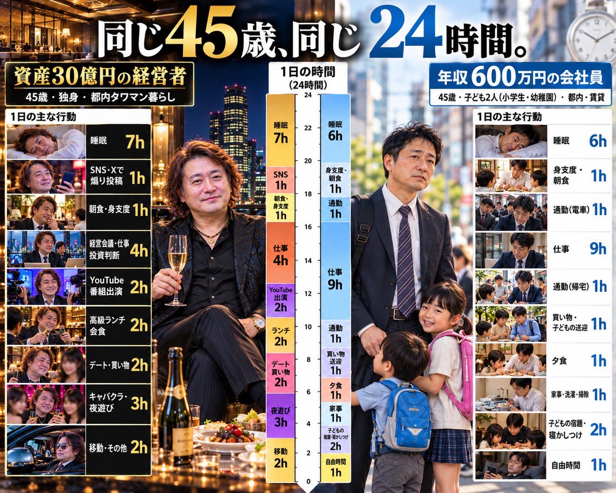 madashachiku's tweet photo. 同じ45歳の24時間だけど

どちらになりたい❓

左：資産30億円の経営者(独身)

右：年収600万円の会社員(子持ち) https://t.co/lR3B7O8dld