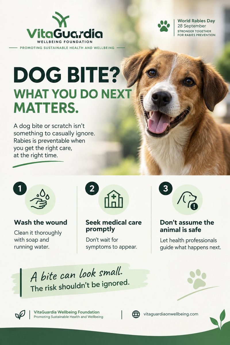 VitaGuardia's tweet photo. 🐕 Dog bite? Don’t ignore it.

🧼 Wash the wound with soap + running water.
🏥 Seek medical care promptly.
🐕 Don’t assume the animal is safe.

The right care, at the right time, can prevent rabies.

Read more: https://t.co/m3T4oV6wuu

#WorldRabiesDay #RabiesPrevention https://t.co/4Rr5mfux0k
