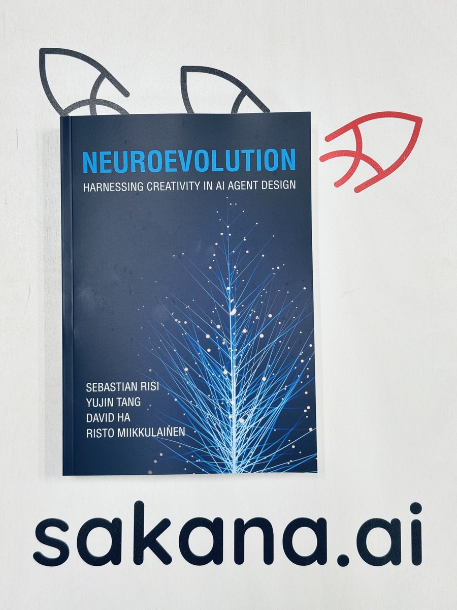 hardmaru's tweet photo. Our Neuroevolution textbook is finally in print!

Free online edition: https://t.co/3IDTb1remp
Pre-order: https://t.co/SUpqBz1HK8

I am incredibly grateful to my co-authors Sebastian Risi, Yujin Tang, and Risto Miikkulainen for making this happen. Neuroevolution is a subject very dear to my heart. It is the field that convinced me that nature has already figured out how to build intelligence: through evolution, collective behavior, and adaptation under constraints.

This idea, that intelligence emerges from evolution operating under constraints rather than unlimited resources, is what eventually led me to founding Sakana AI here in Japan.

The concepts in this book about open-ended creativity and self-organizing systems are exactly what we build at @SakanaAILabs. Our name and logo are inspired by schools of fish moving together, adapting as one. It is the core philosophy of what we build. This book captures the theoretical foundations of that belief.