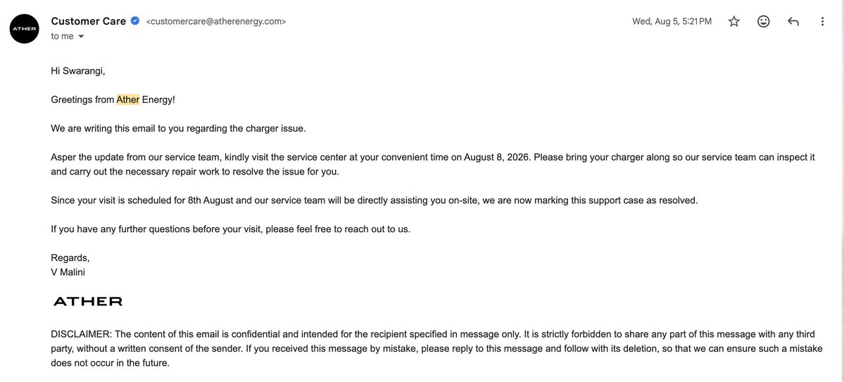 swaras_26's tweet photo. @atherenergy @tarunsmehta @swapniljain89 
I’ve been waiting 2 months for resolution of charger failure on my Ather 450X.
The worse part?  My support tickets keep getting marked “resolved” even though I STILL don’t have a replacement charger.
Here’s the timeline 👇 #ConsumerRights https://t.co/pSClbCwM2n
