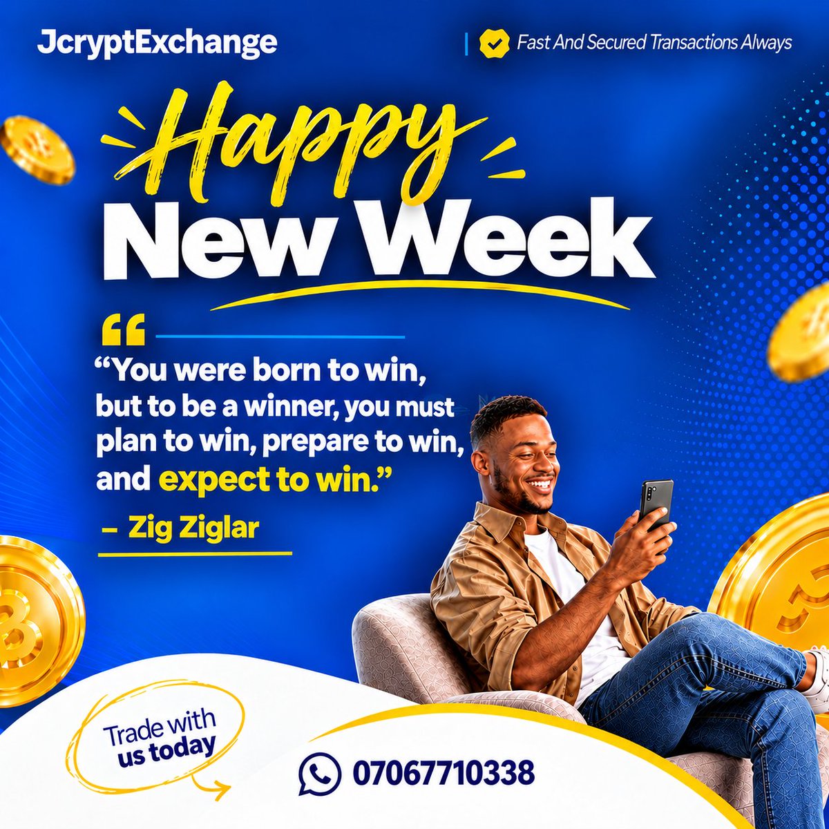 jcrypt677's tweet photo. Happy new week Champs 🏆 

“You were born to win, but to be a winner, you must plan to win, prepare to win, and expect to win.” Zig Ziglar

#P2P #USDT https://t.co/FvI3pMNIIo