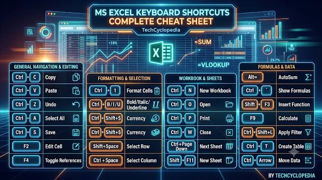 techcyclopedia's tweet photo. Still using the mouse for everything in Excel? ⌨️ Learn the shortcut keys that save hours: formulas, formatting, navigation &amp; more. Windows + Mac. #Excel #ExcelTips https://t.co/KVWUITKD8z https://t.co/DMHhtfdTAD