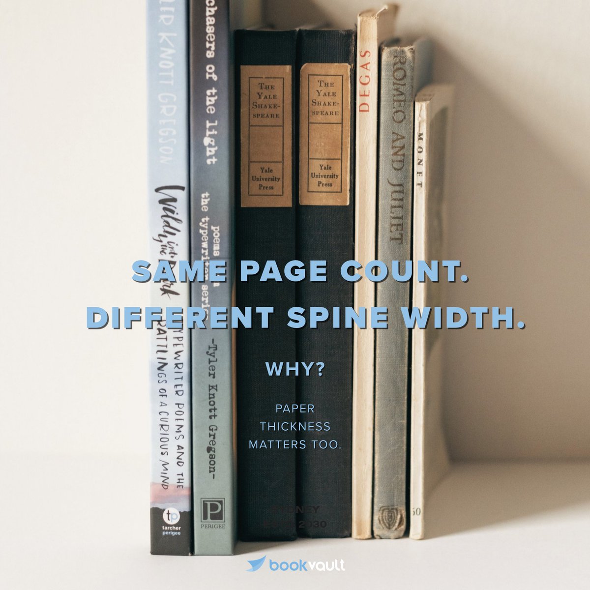 bookvault_app's tweet photo. Same page count. Different spine width. 📚
Different paper stocks can change the overall thickness of a book so page count isn’t the only thing that affects the spine.
#BookPrinting #SelfPublishing #Bookvault https://t.co/ntNcX9o8Fs