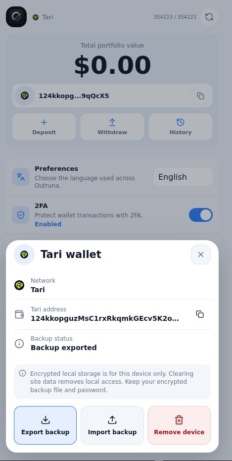 outruna_wallet's tweet photo. Tari September Launch Contest entry: Outruna now supports Tari Mainnet #XTM.

What makes it unique: balance checks use only the private view key. Spending stays locked and unlocks only temporarily to sign each transaction, then locks again.

Code: https://t.co/gGYkxhjxrX https://t.co/xpshzHqXTV