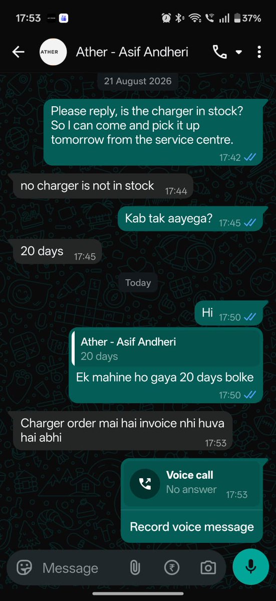 swaras_26's tweet photo. @atherenergy @tarunsmehta @swapniljain89 
I’ve been waiting 2 months for resolution of charger failure on my Ather 450X.
The worse part?  My support tickets keep getting marked “resolved” even though I STILL don’t have a replacement charger.
Here’s the timeline 👇 #ConsumerRights https://t.co/pSClbCwM2n