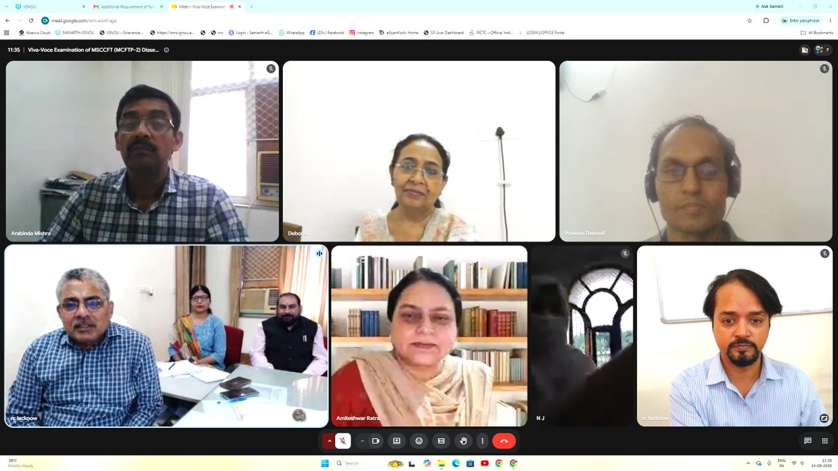IGNOULucknow's tweet photo. IGNOU, Regional Centre, Lucknow organized Viva-Voce Exam of MSCCFT (MCFTP-2) Dissertation Report on 24.09.2026 through Google Meet Platform. Prof. Amiteshwar Ratra, School of Continuing Education, IGNOU, New Delhi was invited as an External Examiner for the conduct of Viva-Voce. https://t.co/w4xWuuOlNq