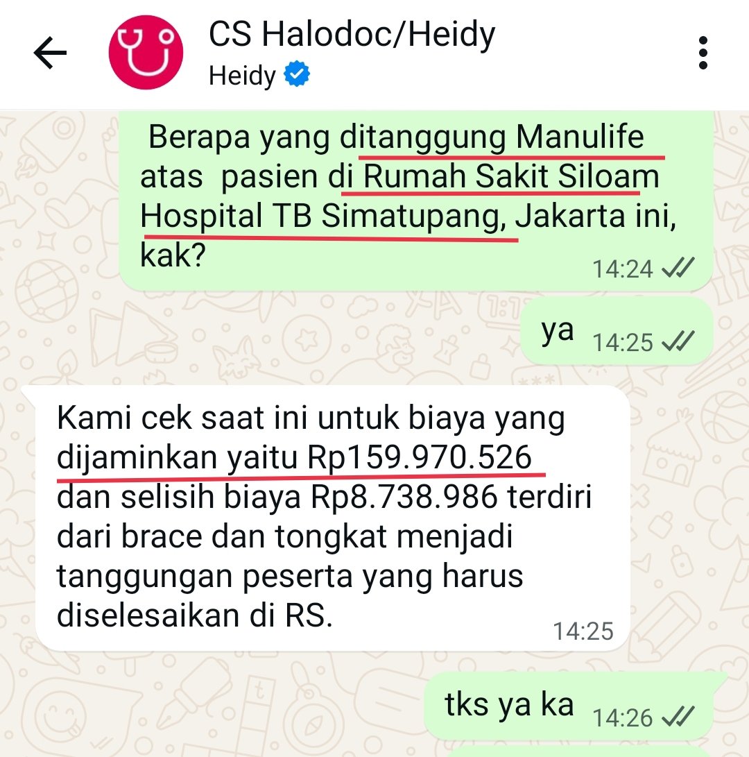 OlaLRJ's tweet photo. Diagnosa ACL reconstruction knee dextra artinya operasi rekonstruksi ACL (Anterior Cruciate Ligament) pada lutut kanan, client ku kena Cidera Lutut. Momen waktu aku kawal penjaminan asuransi nya memastikan lancar saat clientku operasi di Rumah Sakit Siloam TB Simatupang, Jaksel

✓ Biaya operasi habis 159 juta ditanggung Cashless Halodoc Manulife. Selisih hanya 8 juta ( Non Medis tongkat dan brace, tidak di tanggung semua asuransi) 

#14 tahun agen Manulife bantu nasabah, ngga pernah pindah ke asuransi lain. Setia bantu nasabah