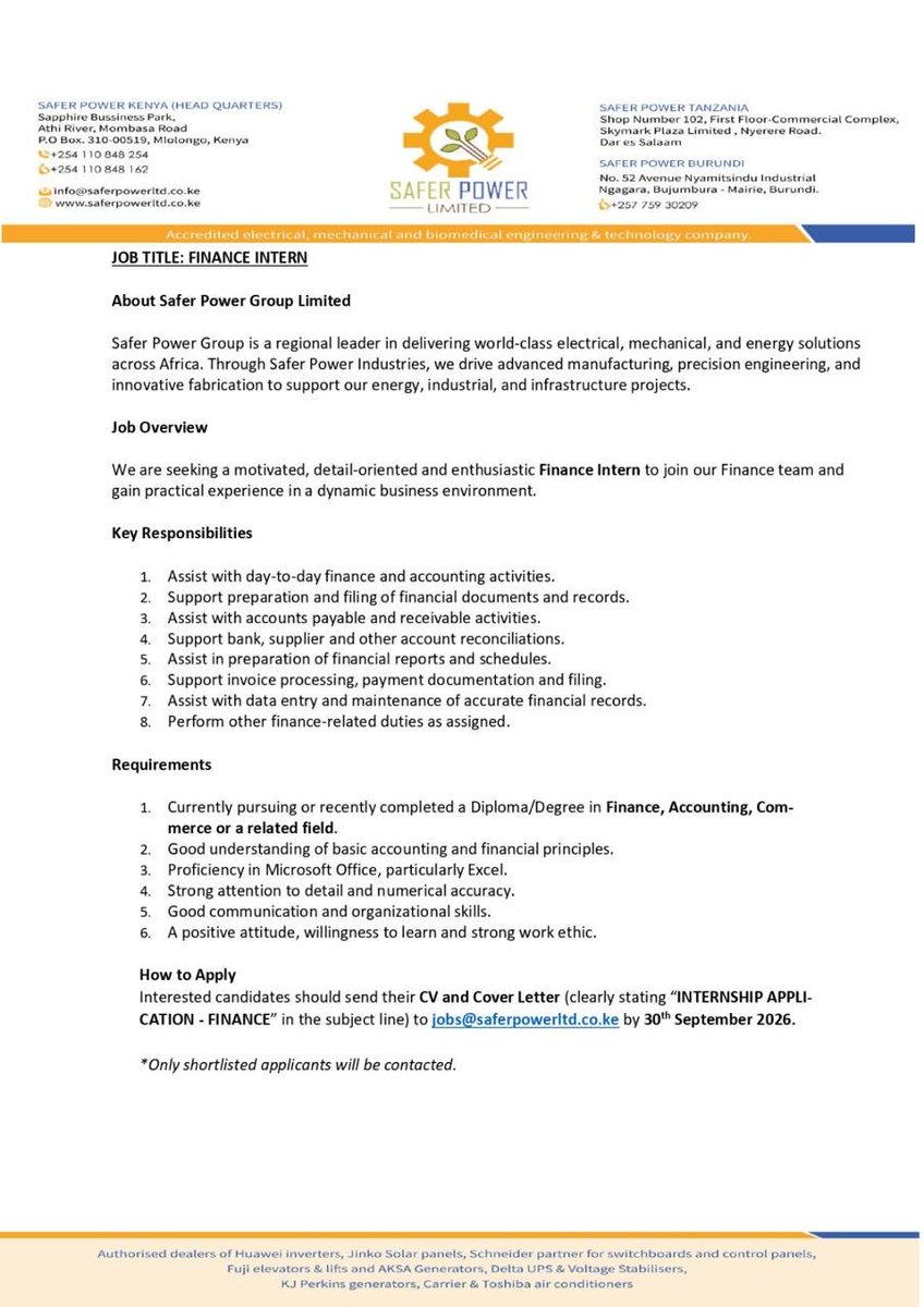 SaferPower_254's tweet photo. 🚀 INTERNSHIP OPPORTUNITIES | SAFER POWER LIMITED
At Safer Power Limited, we believe the next generation of professionals should not just learn from textbooks — they should get real-world exposure, practical skills and an opportunity to work alongside industry professionals. https://t.co/FZTj5hK2AT