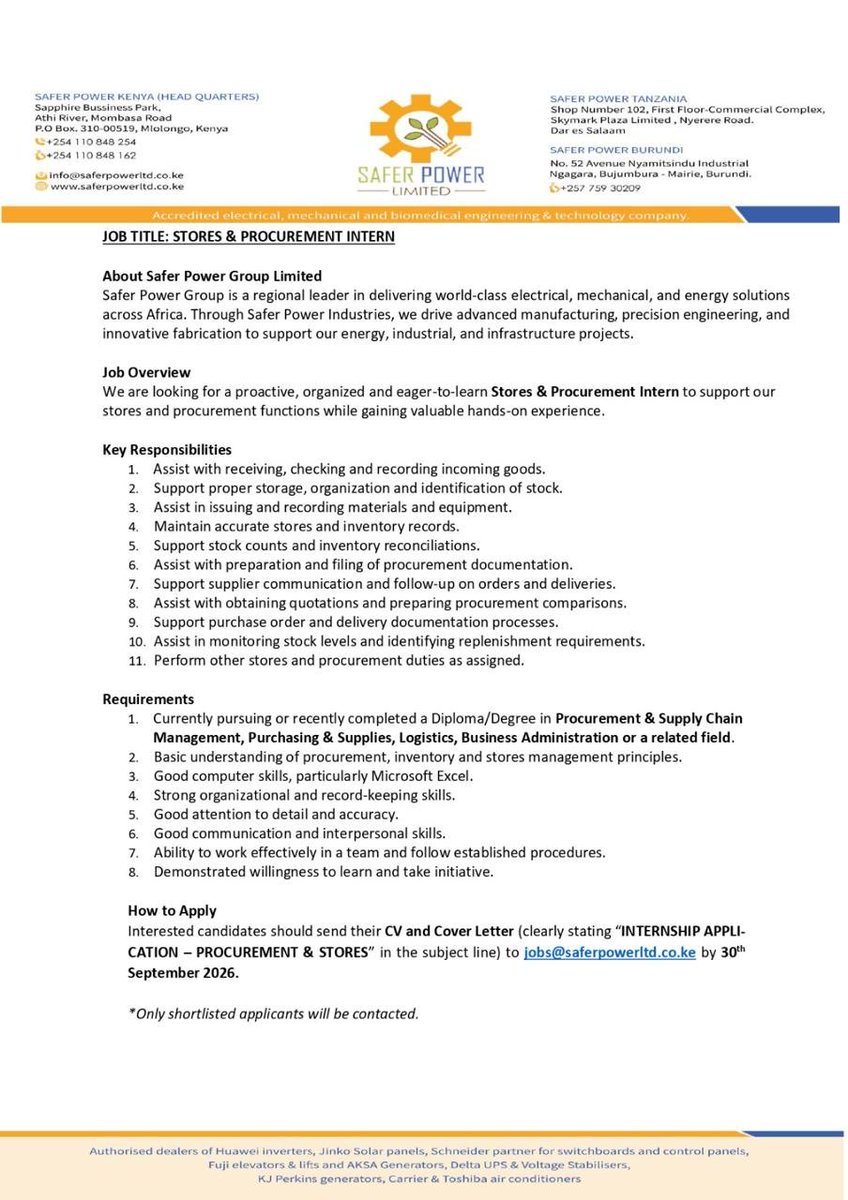 SaferPower_254's tweet photo. 🚀 INTERNSHIP OPPORTUNITIES | SAFER POWER LIMITED
At Safer Power Limited, we believe the next generation of professionals should not just learn from textbooks — they should get real-world exposure, practical skills and an opportunity to work alongside industry professionals. https://t.co/FZTj5hK2AT
