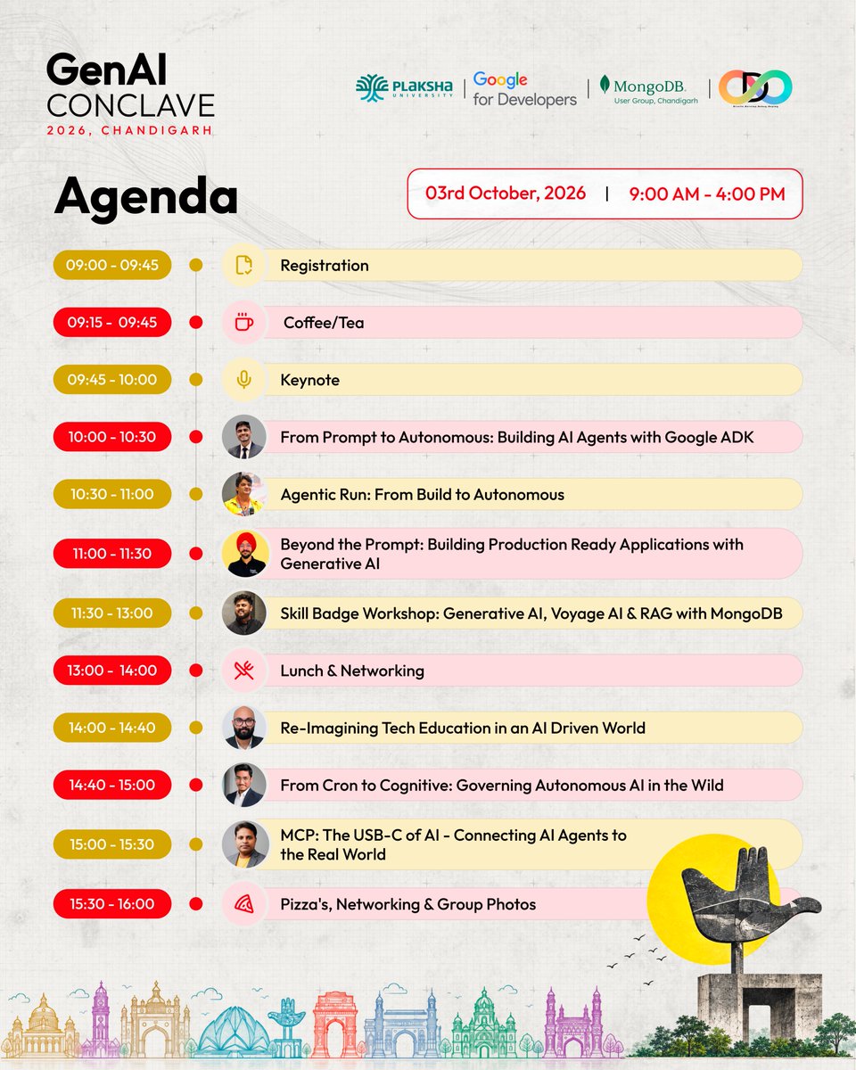 D4Community's tweet photo. The agenda is finally out ✨
GenAI Conclave 2026, Chandigarh
Organised by @D4Community
Powered by @googledevs
AI Agents, Google ADK, GenAI in production, RAG, MCP, autonomous AI & more, all in one day
3 Oct
@PlakshaUniv
Here’s the agenda
#genaiconclave #d4community #GenAI https://t.co/VzZpMXWjeB