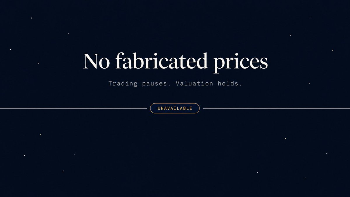 gesolvfinance's tweet photo. No fabricated prices

A missing or implausible print is an unavailable state: trading pauses, valuation holds

Every enabled button sends a genuine transaction. Every unavailable action says why

Unaudited. 71 Foundry tests, 28 live checks. A test suite is not an audit https://t.co/z92DnebSvc