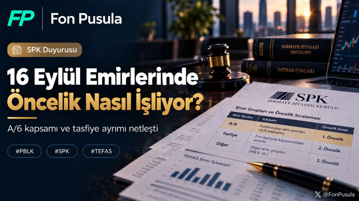 FonPusula's tweet photo. 📌 SPK 28 Eylül Duyurusu: Kim A/6’da, Kim Normal Tasfiyede?

#PBLK #SPK #Fon #TEFAS 

SPK’nın 28 Eylül açıklamasıyla emirlerin hukuki durumu daha net ayrıldı. Kafa karışıklığını gidermek için grupları tek tek sade şekilde toparlayalım:

1️⃣ 16 Eylül veya öncesinde TEFAS’a iletilen ve normal şekilde tamamlanan emirler

İşlem olağan TEFAS sürecinde sonuçlanır. Burada özel bir tasfiye alacağı oluşmaz. 

2️⃣ 16 Eylül veya öncesinde TEFAS’a iletilen ancak temerrüt nedeniyle tamamlanamayan emirler

Bu emirler A/6 kapsamında değerlendirilir. 

Gerçekleşmeyen iade tutarı fon hesabına borç olarak yazılır ve fon varlıklarından nakit oluştukça öncelikli olarak bu borçlar ödenir. 

3️⃣ 16 Eylül veya öncesinde TEFAS’a iletilen ancak fon fiyat açıklamadığı için tamamlanamayan emirler

Bunlar da aynı şekilde A/6 kapsamında. 

Yani fiyatın açıklanmaması nedeniyle gerçekleşmeyen iade talimatı da normal tasfiye payından farklı olarak öncelikli fon borcu rejimine giriyor. 

4️⃣ 17 Eylül’de TEFAS’a iletilen emirler

SPK, fonların 17 Eylül’de TEFAS’ta işleme kapatılması nedeniyle o gün verilen tüm emirlerin iptal edildiğini açıkladı.

Bu yatırımcılar A/6 öncelikli alacak grubunda değil. Ödeme, tasfiye bakiyesinden fondaki katılma payı oranında yapılacak. 

5️⃣ Emir aracı kuruma verilmiş ancak TEFAS’a hiç ulaşmamışsa

A/6 açıkça TEFAS üzerinden verilmiş ve gerçekleştirilememiş iade talimatlarını düzenliyor.

Bu nedenle TEFAS’a hiç ulaşmayan bir emir için A/6 önceliği otomatik kabul edilemez. Emir kayıtları ve aracı kurumun sorumluluğu ayrıca incelenmeli. 

6️⃣ 16 Eylül 13.30 sonrası emirler ne olacak?

Burada yalnız saate bakmak artık yeterli değil.

SPK’nın yeni açıklaması açıkça “16.09.2026 tarihi ve öncesinde TEFAS’a iletilen talimatlar” diyor. Yani 16 Eylül’de 13.30 sonrasında verilmiş bir emir de TEFAS’a o gün ulaşmışsa, sırf saat nedeniyle 17 Eylül emri gibi değerlendirilmiyor. 

📍 Pusula Notu: En basit ayrım şu:

16 Eylül veya öncesi + TEFAS’a ulaşmış + temerrüt/fiyat açıklanmaması nedeniyle tamamlanamamış → A/6 → öncelikli ödeme.

17 Eylül’de TEFAS’a verilmiş → iptal → normal tasfiye bakiyesi / pay oranında ödeme.

Yani “tasfiye kapsamında” ifadesi tek başına öncelik kayboldu anlamına gelmiyor. A/6 kapsamındaki gerçekleşmeyen iade emirleri de tasfiye sürecinin içinde, fakat özel ve öncelikli ödeme rejimiyle ele alınıyor. 

🔗 SPK 28.09.2026 Basın Duyurusu:
https://t.co/uY2Jl9Vb7G

🔗 SPK 2026/61 – A/6:
https://t.co/69gHEopNDD