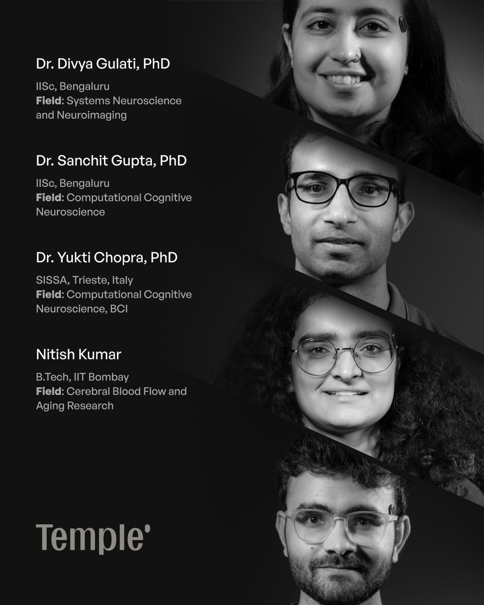 deepigoyal's tweet photo. India has always idolised actors and cricketers. The last few years, entrepreneurs and founders have also gotten mobbed at the airports. How I wish we started celebrating scientists as much as we celebrate actors, cricketers, and founders.

On that note, meet the Temple scientists behind Brain Flow: Dr. Divya Gulati (IISc), Dr. Sanchit Gupta (IISc), Dr. Yukti Chopra (SISSA Trieste), and Nitish Kumar (IIT Bombay).

This team led, built, and validated the first continuous, wearable measurement of blood flow to the brain.

Your brain uses 20% of your blood supply. It controls your hormones, sleep, immunity, and repair. That supply drops every year as you age, and you have never measured it. Even hospitals can only capture a single snapshot. 

Measuring and maintaining brain flow could be one of the most important health and longevity interventions of our time.

At Temple, we have some of the best minds in the country, working on the one problem that sits upstream of every other: extending healthy human life.

I am proud of our team, and looking forward to a lot of firsts and breakthroughs in the future.