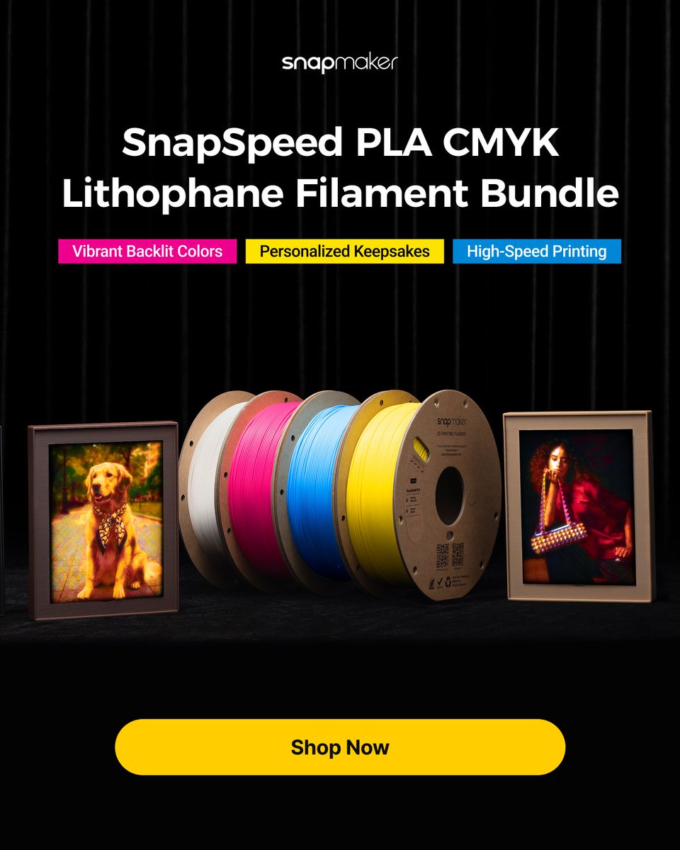 snapmaker's tweet photo. Turn your favorite photos into vibrant, illuminated works of art. 💡🖼️

The new SnapSpeed PLA CMYK Lithophane Filament Bundle brings layered colors, light, and memories together—creating lithophanes that reveal a whole new dimension when backlit.

🌈 Colors Come Alive in Light
💛 Turn Memories into Art
⚡ Create Faster

Shop the SnapSpeed PLA CMYK Lithophane Filament Bundle 👇
🛒 US Store: https://t.co/RBq46qn1jz
🛒 EU Store: https://t.co/QNp3KAmfxE
🛒 AU Store: https://t.co/ejsZeOBpAQ
🛒 Global Store: https://t.co/253cMFGOiw

#Snapmaker #3DPrinting #CMYK #Filament
