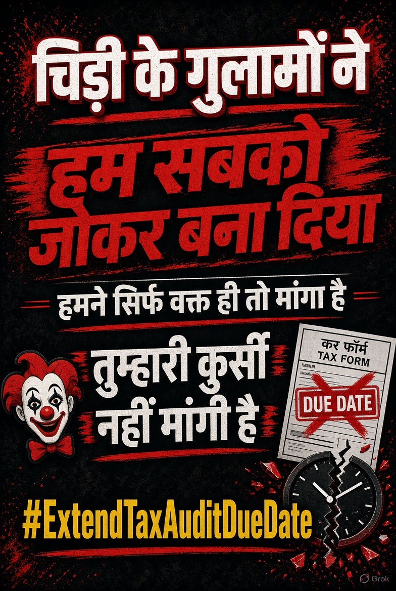 Simplysrchandak's tweet photo. चिड़ी के गुलामों ने जोकर बना दिया…
हमने सिर्फ वक्त मांगा था, कुर्सी नहीं!
#ExtendTaxAuditDueDate https://t.co/en8QM6GLOO
