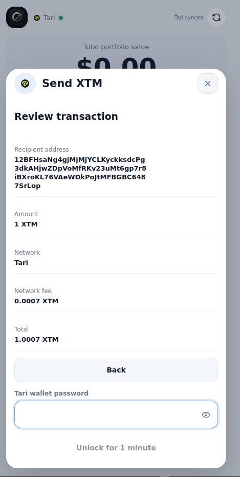 outruna_wallet's tweet photo. Tari September Launch Contest entry: Outruna now supports Tari Mainnet #XTM.

What makes it unique: balance checks use only the private view key. Spending stays locked and unlocks only temporarily to sign each transaction, then locks again.

Code: https://t.co/gGYkxhjxrX https://t.co/xpshzHqXTV