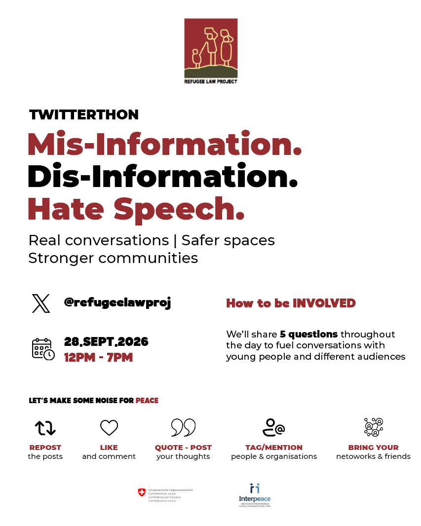 refugeelawproj's tweet photo. What do misinformation, disinformation, and hate speech have to do with peacebuilding?

In the Great Lakes Region of Africa, the information we create, share, and consume can either strengthen understanding or deepen existing divisions.

In a region where communities continue to navigate the effects of conflict, displacement, and division, harmful narratives can undermine trust and social cohesion. So, how can we become more responsible consumers and creators of information and use our voices to advance peace, dialogue, and reconciliation across the Great Lakes Region?

Join us for the twitterthon, as we engage young people on this important topic. Through this engagement, we hope to unpack the issues of misinformation, disinformation, and hate speech and explore their implications for peacebuilding, not only in the Great Lakes Region but also around the world.

This is a build up to the upcoming National Peace Leadership Conference: ‘Youth against Misinformation, Disinformation and Hate Speech’ in Kampala on 30th September 2026 that is intended to strengthen youth leadership on topical issues while creating awareness and stakeholder collaboration in preventing misinformation, dis-information and hate speech towards promoting social cohesion and peace both online and offline.
#Peacebuilding #YouthForPeace #WeCanStopHateSpeech #socialcohesion

@Interpeace_Org @SwissMFA