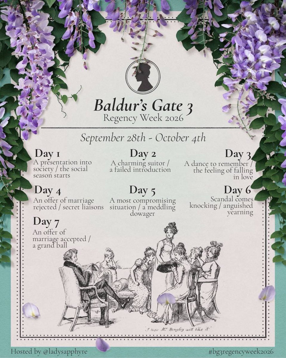 YenaArtENG's tweet photo. — Heard Duke’s son has returned.
— Oh, so the hunt begins?
— Not only on him. I heard a guest has arrived from Waterdeep.
— And there’s that Lord Gortash constantly by the Duke’s side now. I heard he got his title through an affair with a widow.

#bg3regencyweek2026 #bg3art https://t.co/2NTlEvxL1l