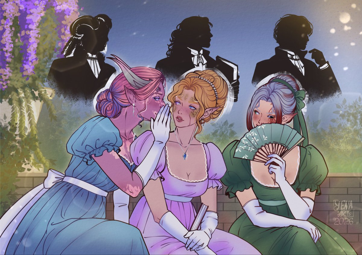 YenaArtENG's tweet photo. — Heard Duke’s son has returned.
— Oh, so the hunt begins?
— Not only on him. I heard a guest has arrived from Waterdeep.
— And there’s that Lord Gortash constantly by the Duke’s side now. I heard he got his title through an affair with a widow.

#bg3regencyweek2026 #bg3art https://t.co/2NTlEvxL1l