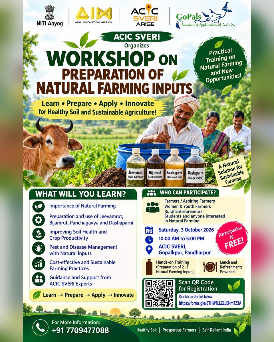 wegopals's tweet photo. 🌾 Workshop on Preparation of Natural Farming Inputs! Learn Jeevamrut, Bijamrut, Panchagavya & Dashaparni.
📅 3 Oct | 10AM-5PM | ACIC-SVERI, Pandharpur
Free participation, lunch provided.
Register: https://t.co/GuzBbq83uI
#NaturalFarming #GoPals https://t.co/7ZHbdu7JvR